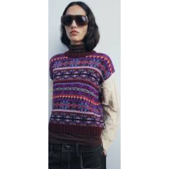 Zara Womens Oversized Contrasting Knit Jacquard Sweater Purple Beige Size S - Picture 1 of 10